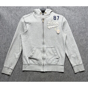 Aeropostale Hoodie Mens Small Gray Full Zip New York Skull Patch Fleece Y2K